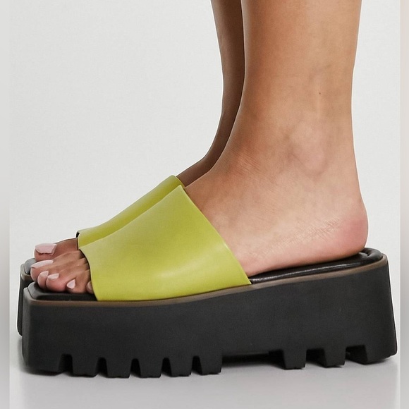 ASOS Design Type Premium Leather Lime Green Flatform Mules Size 8 - Picture 3 of 11